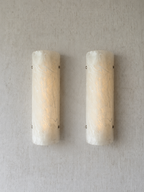 Handmade wireless resin wall sconce with alabaster-inspired finish
