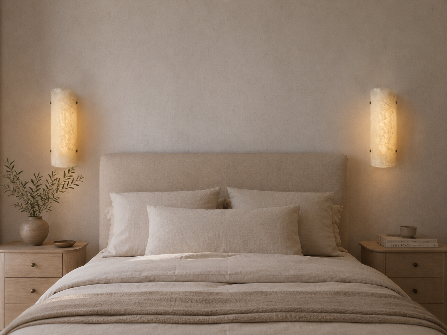 Handmade wireless resin wall sconce with alabaster-inspired finish