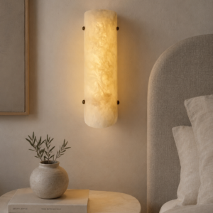 Handmade wireless resin wall sconce with alabaster-inspired finish