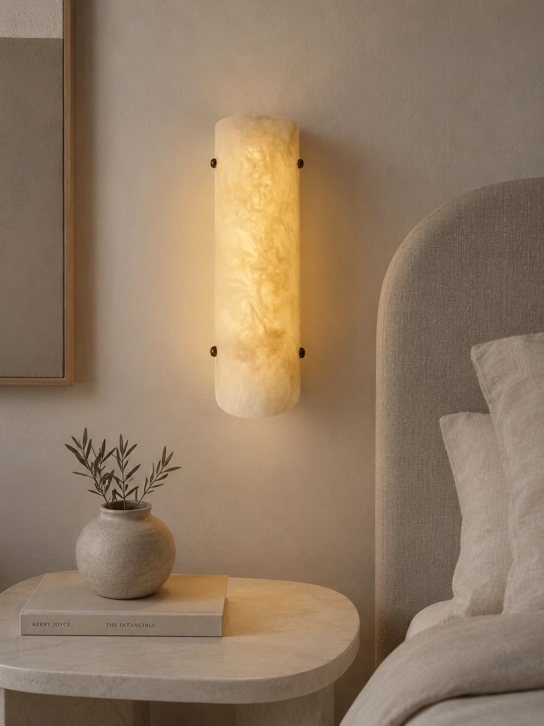 Handmade wireless resin wall sconce with alabaster-inspired finish