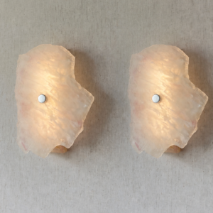 Wireless resin wall sconce with white quartz-inspired finish