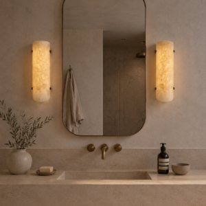 Handmade wireless resin wall sconce with alabaster-inspired finish