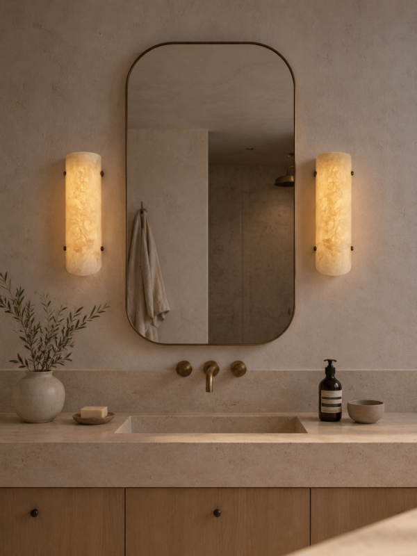 Handmade wireless resin wall sconce with alabaster-inspired finish