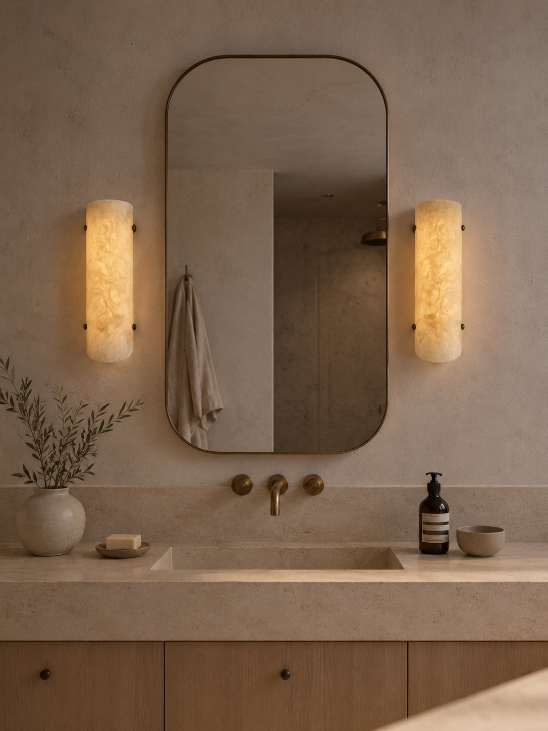 Handmade wireless resin wall sconce with alabaster-inspired finish