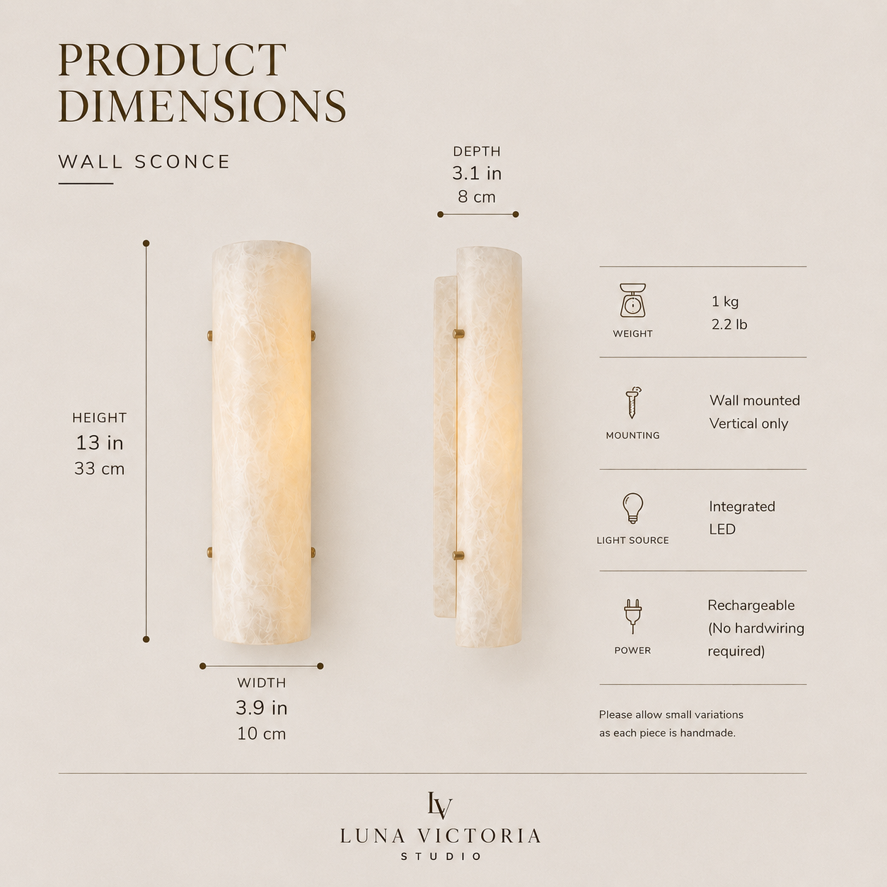 Handmade wireless resin wall sconce with alabaster-inspired finish