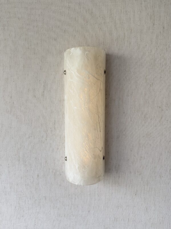 Wireless resin wall sconce with white quartz-inspired finish