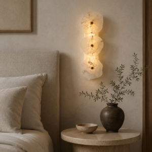 Handmade wireless resin wall sconce with alabaster-inspired finish