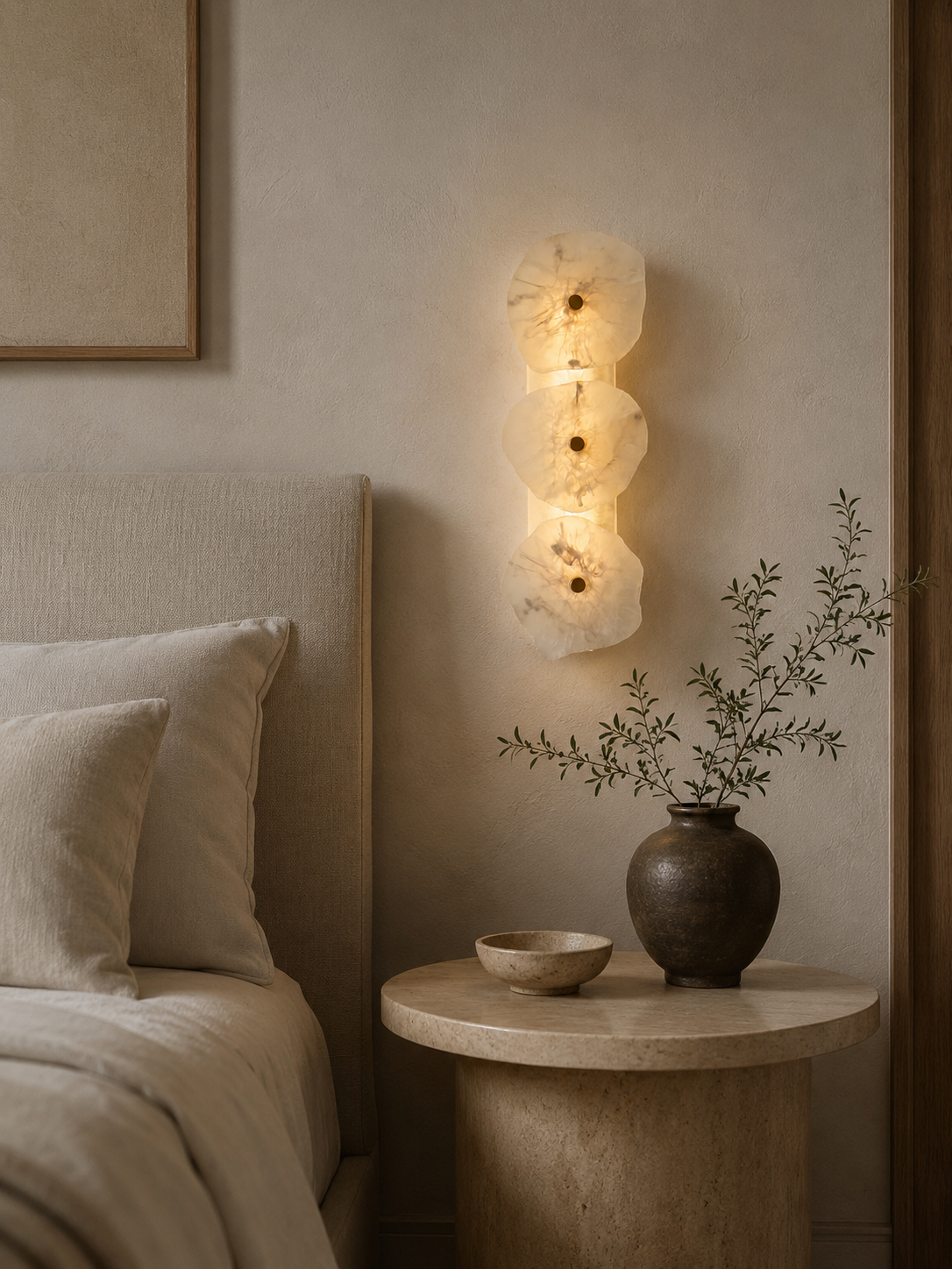 Handmade wireless resin wall sconce with alabaster-inspired finish