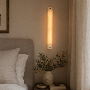 Large vertical wireless resin wall light with sculptural form