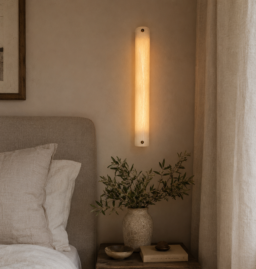 Large vertical wireless resin wall light with sculptural form