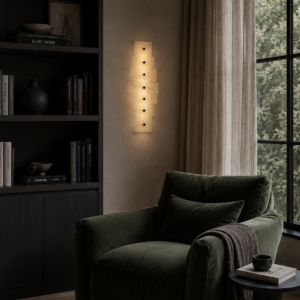 Handmade wireless resin wall sconce with alabaster-inspired finish