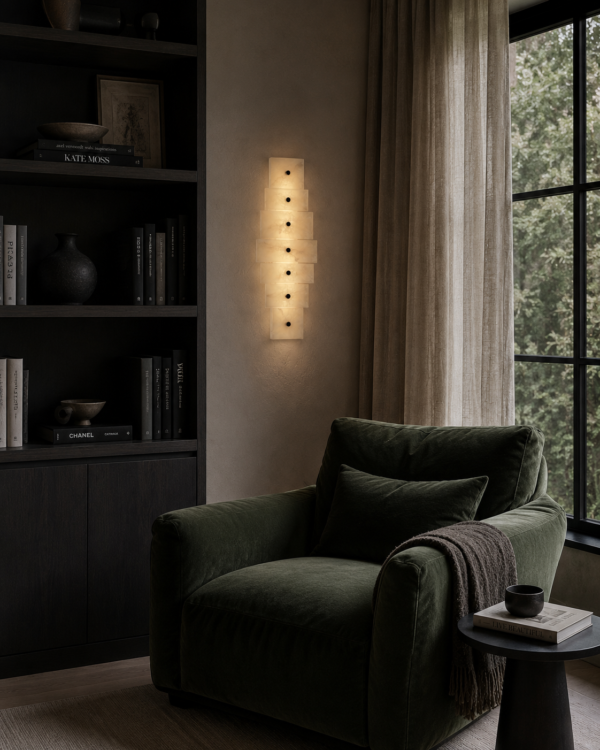 Handmade wireless resin wall sconce with alabaster-inspired finish