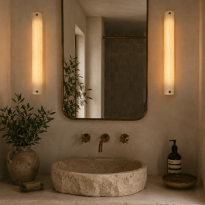 Large vertical wireless resin wall light with sculptural form