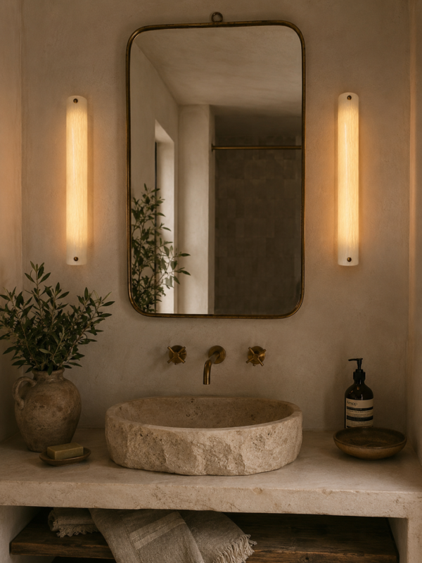 Large vertical wireless resin wall light with sculptural form