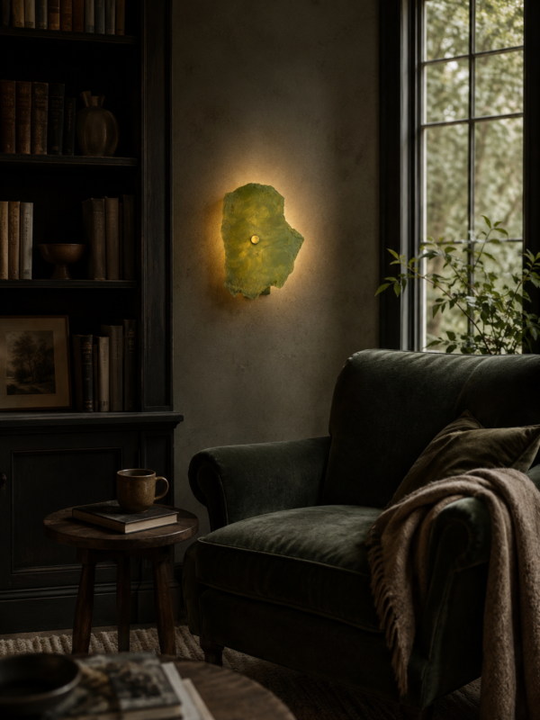 Wireless resin wall sconce inspired by green onyx stone