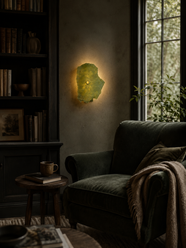 Wireless resin wall sconce inspired by green onyx stone
