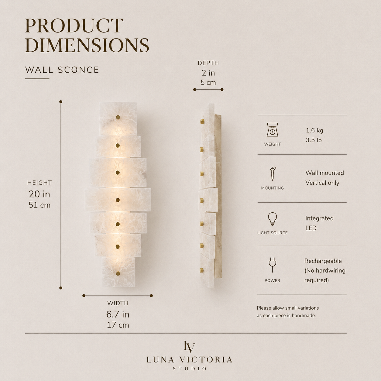 Handmade wireless resin wall sconce with alabaster-inspired finish