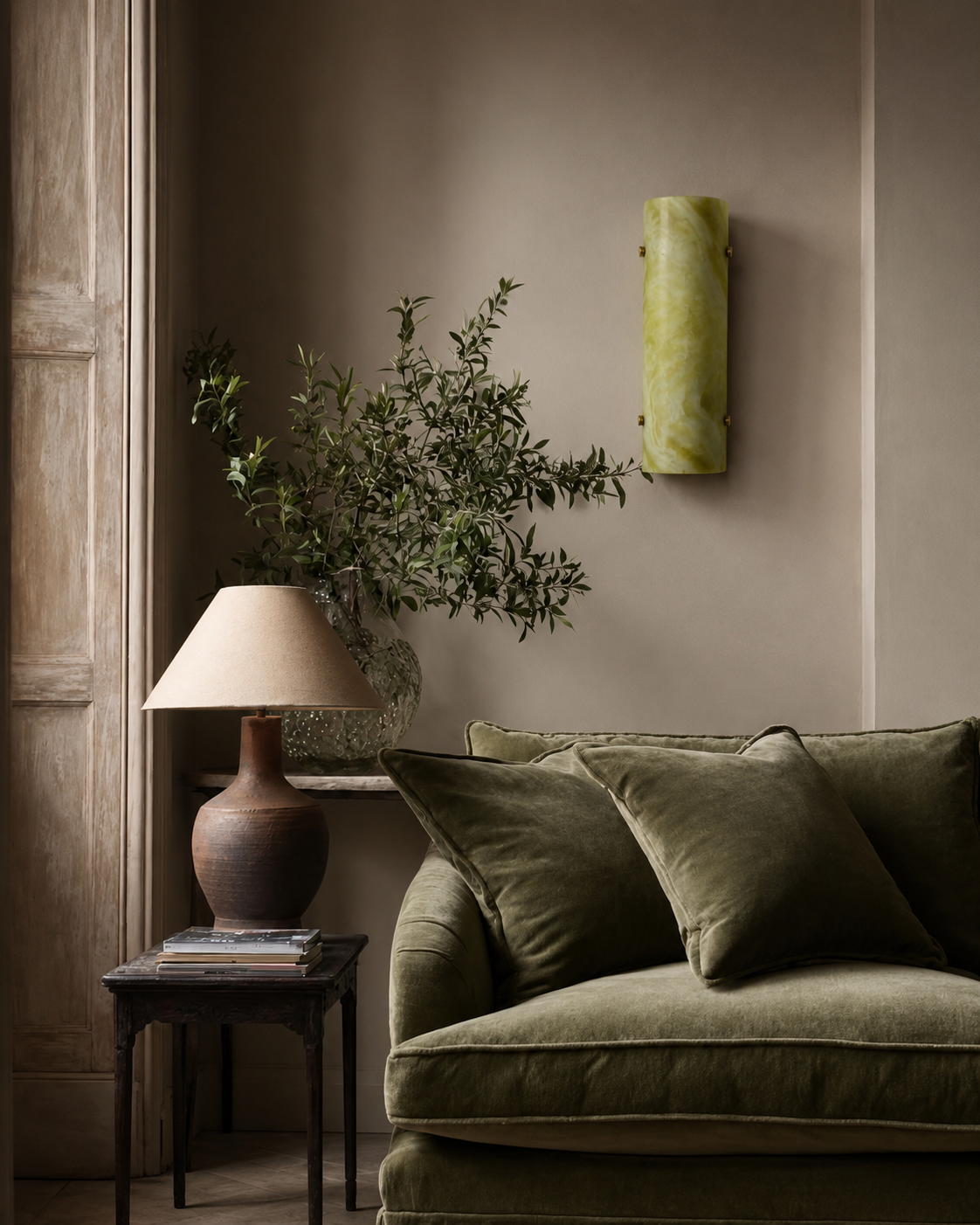 Wireless resin wall sconce inspired by green onyx stone