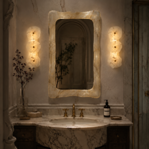 Handmade wireless resin wall sconce with alabaster-inspired finish