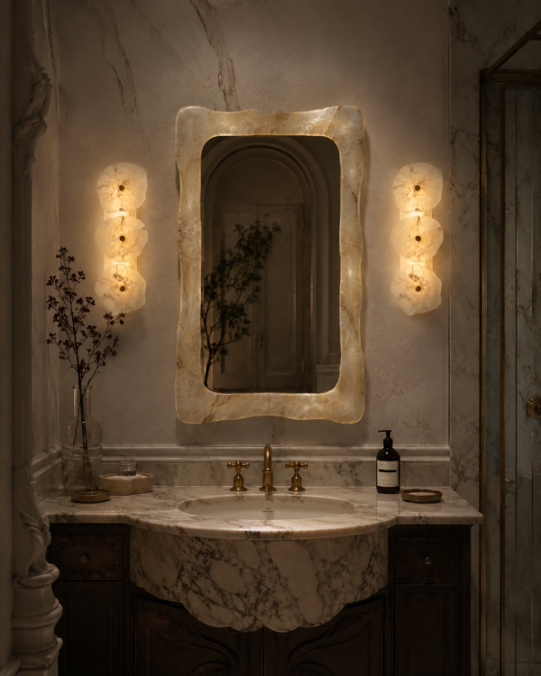 Handmade wireless resin wall sconce with alabaster-inspired finish