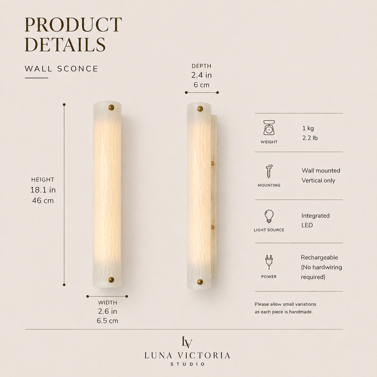 Large vertical wireless resin wall light with sculptural form