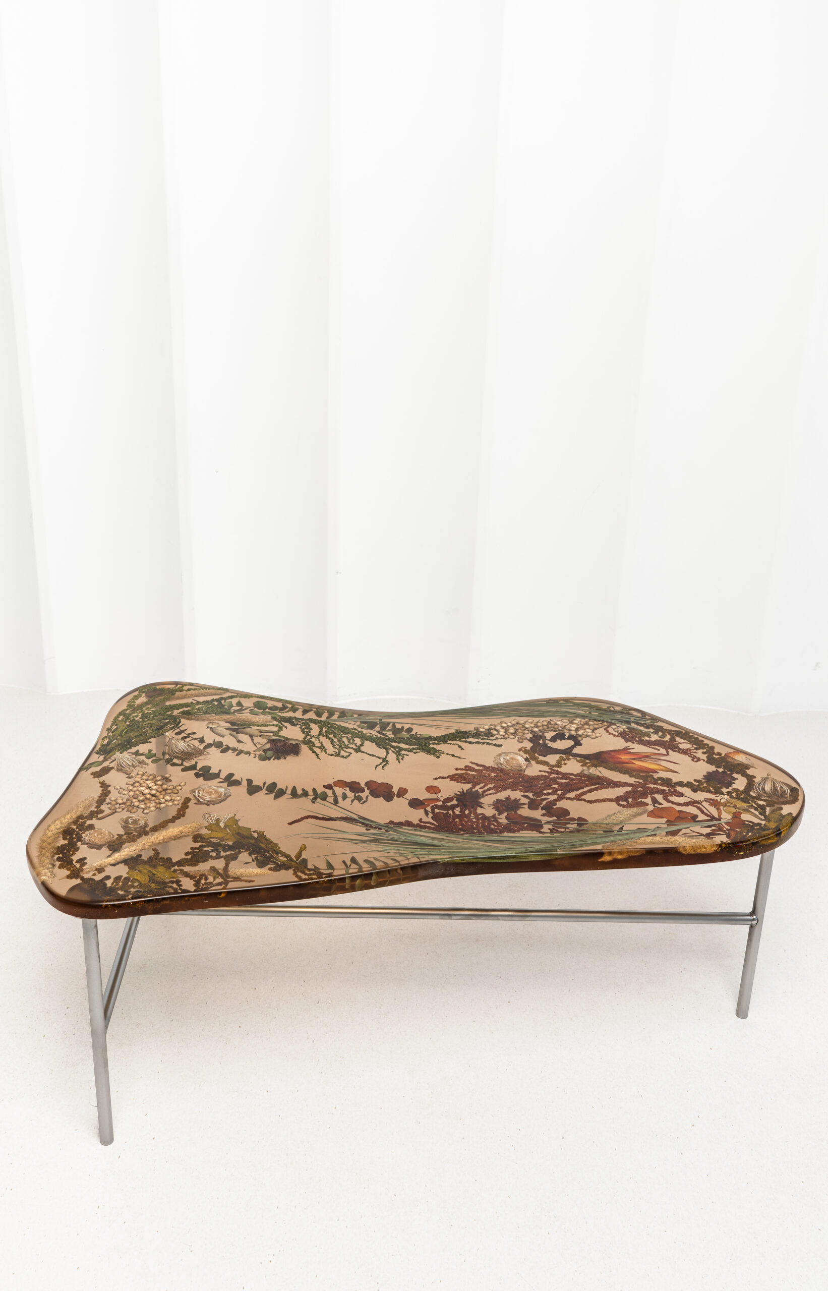 Raw Amber Table - Sculptural Resin Console with Botanical Inclusions, Stainless Steel Base Statement Piece - Image 2
