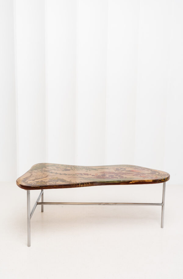 Raw Amber Table - Sculptural Resin Console with Botanical Inclusions, Stainless Steel Base Statement Piece