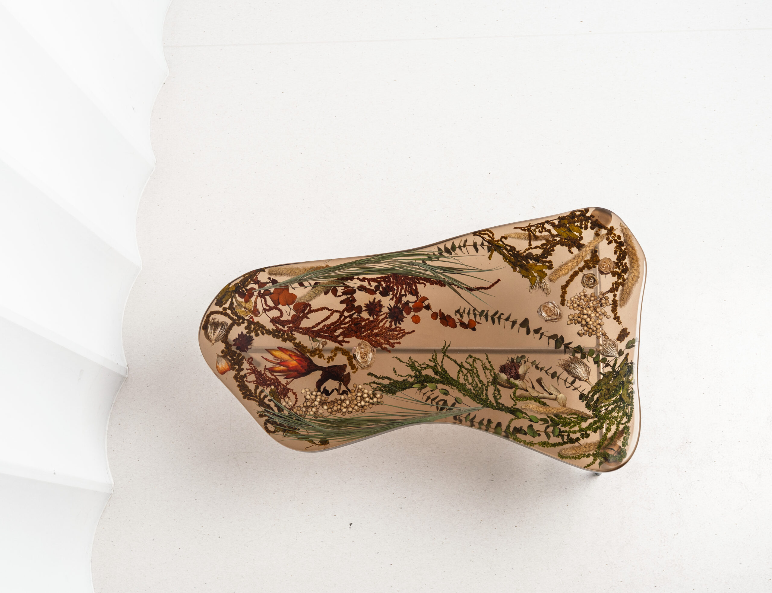 Raw Amber Table - Sculptural Resin Console with Botanical Inclusions, Stainless Steel Base Statement Piece - Image 5