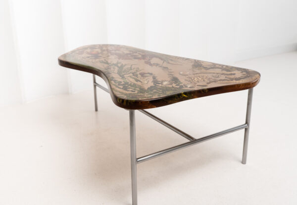 Raw Amber Table - Sculptural Resin Console with Botanical Inclusions, Stainless Steel Base Statement Piece