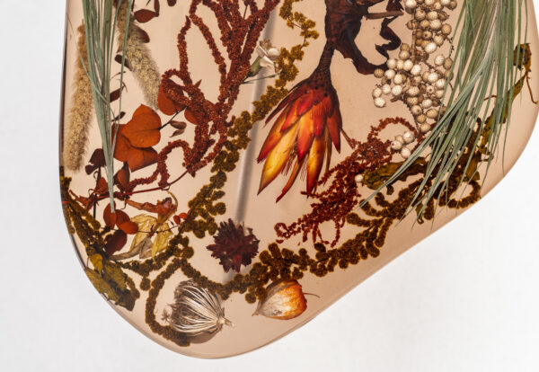 Raw Amber Table - Sculptural Resin Console with Botanical Inclusions, Stainless Steel Base Statement Piece