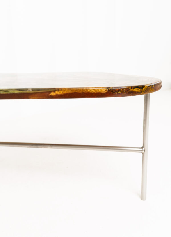 Raw Amber Table - Sculptural Resin Console with Botanical Inclusions, Stainless Steel Base Statement Piece