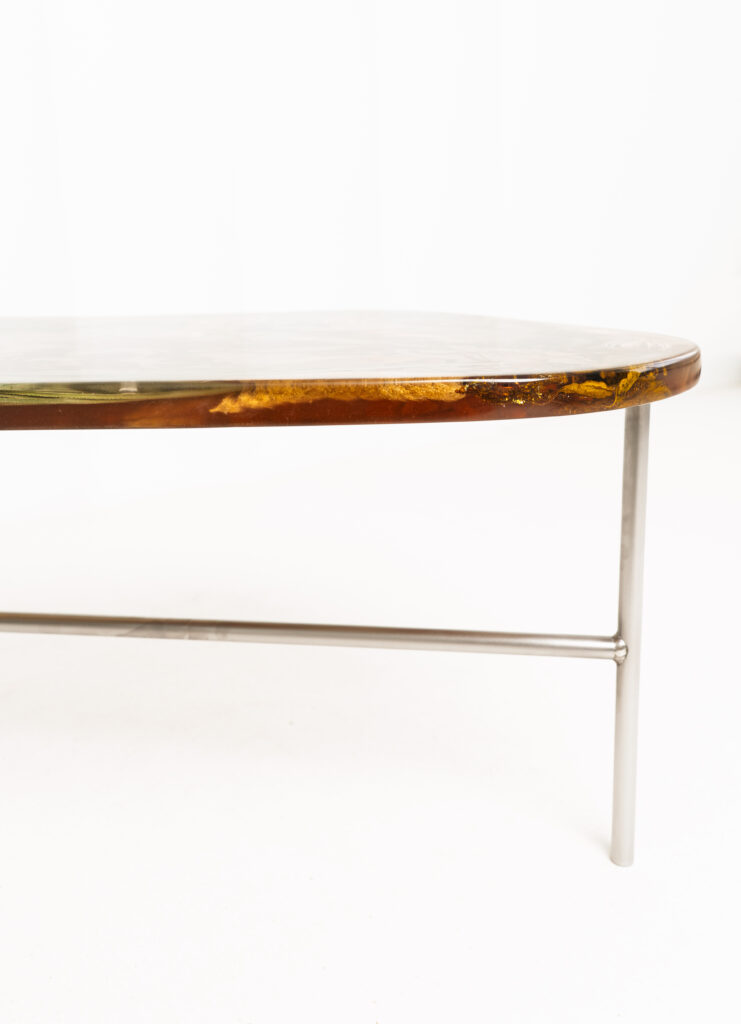 Handmade amber-toned resin coffee table with translucent finish