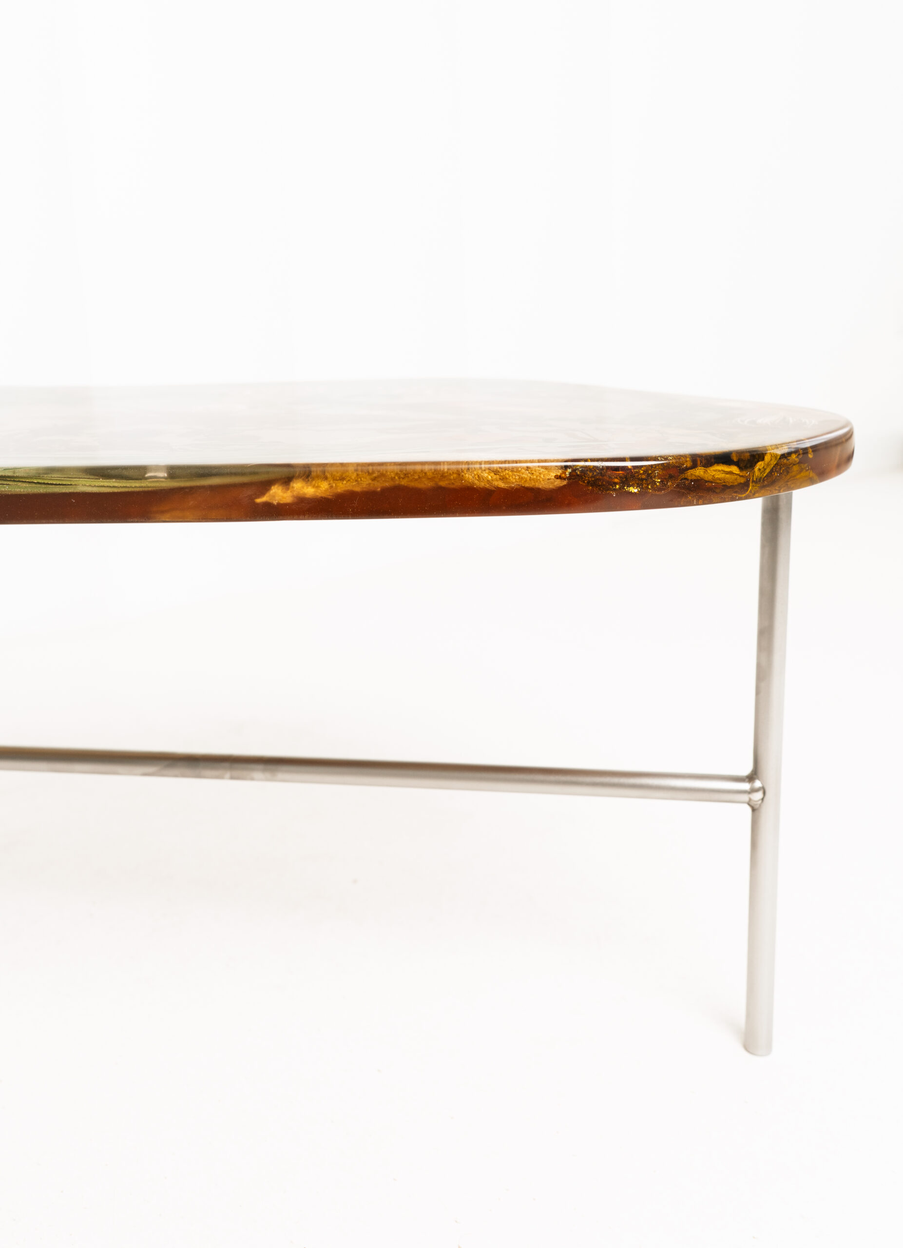 Raw Amber Table - Sculptural Resin Console with Botanical Inclusions, Stainless Steel Base Statement Piece - Image 9