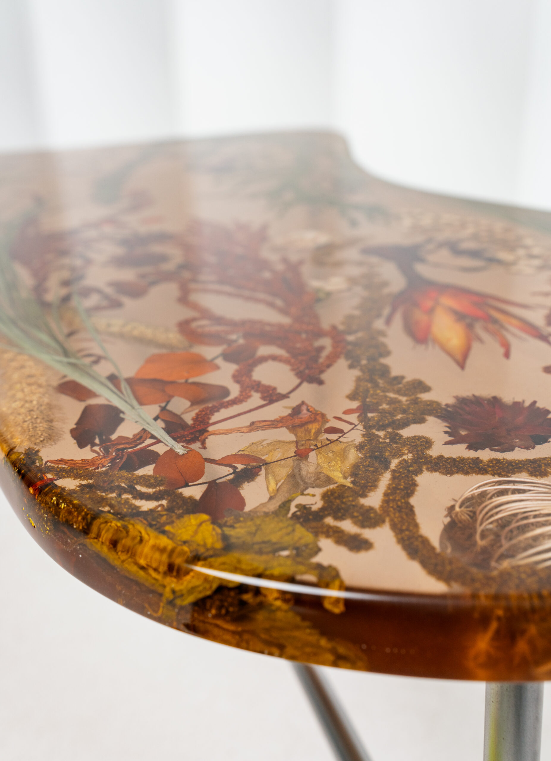 Raw Amber Table - Sculptural Resin Console with Botanical Inclusions, Stainless Steel Base Statement Piece - Image 10
