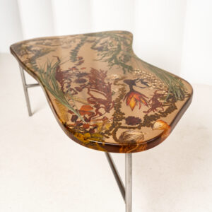 Raw Amber Table - Sculptural Resin Console with Botanical Inclusions, Stainless Steel Base Statement Piece