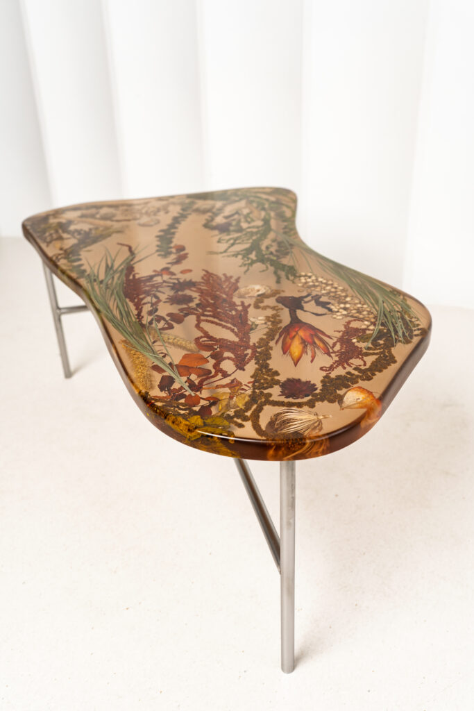 Handmade amber-toned resin coffee table with translucent finish
