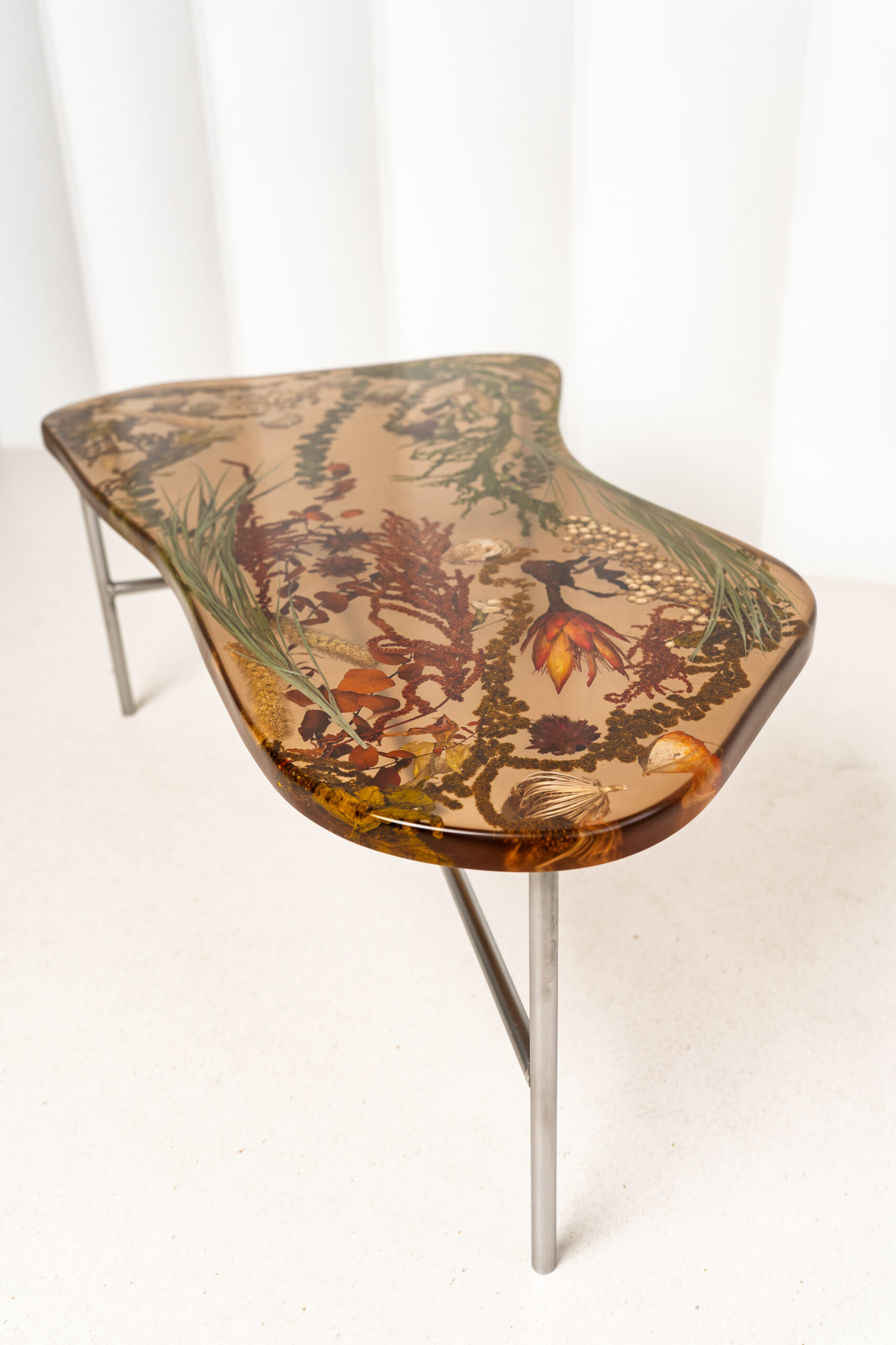 Raw Amber Table - Sculptural Resin Console with Botanical Inclusions, Stainless Steel Base Statement Piece - Image 1