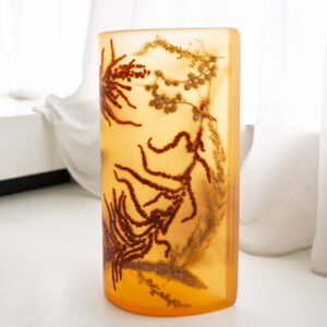 Handmade amber resin vase with dried flowers, sculptural botanical decor