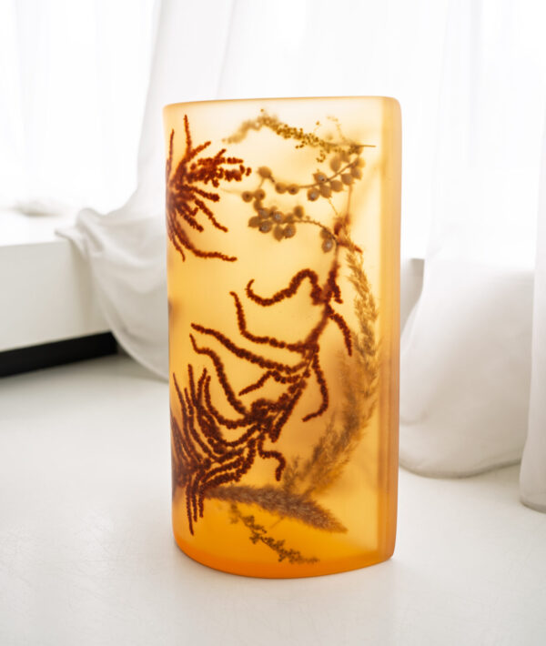 Handmade amber resin vase with dried flowers, sculptural botanical decor