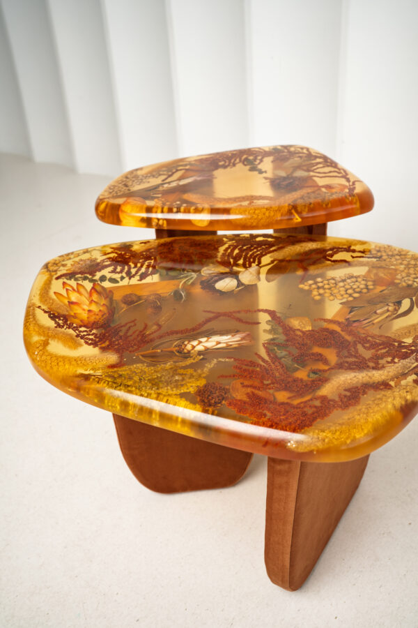 Amber Resin Nesting Coffee Tables with Botanicals and Upholstered legs