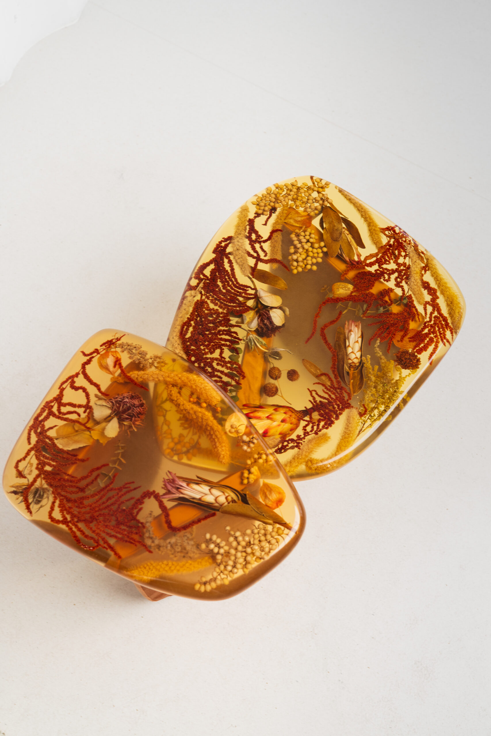 Amber Resin Nesting Coffee Tables with Botanicals and Upholstered legs - Image 3