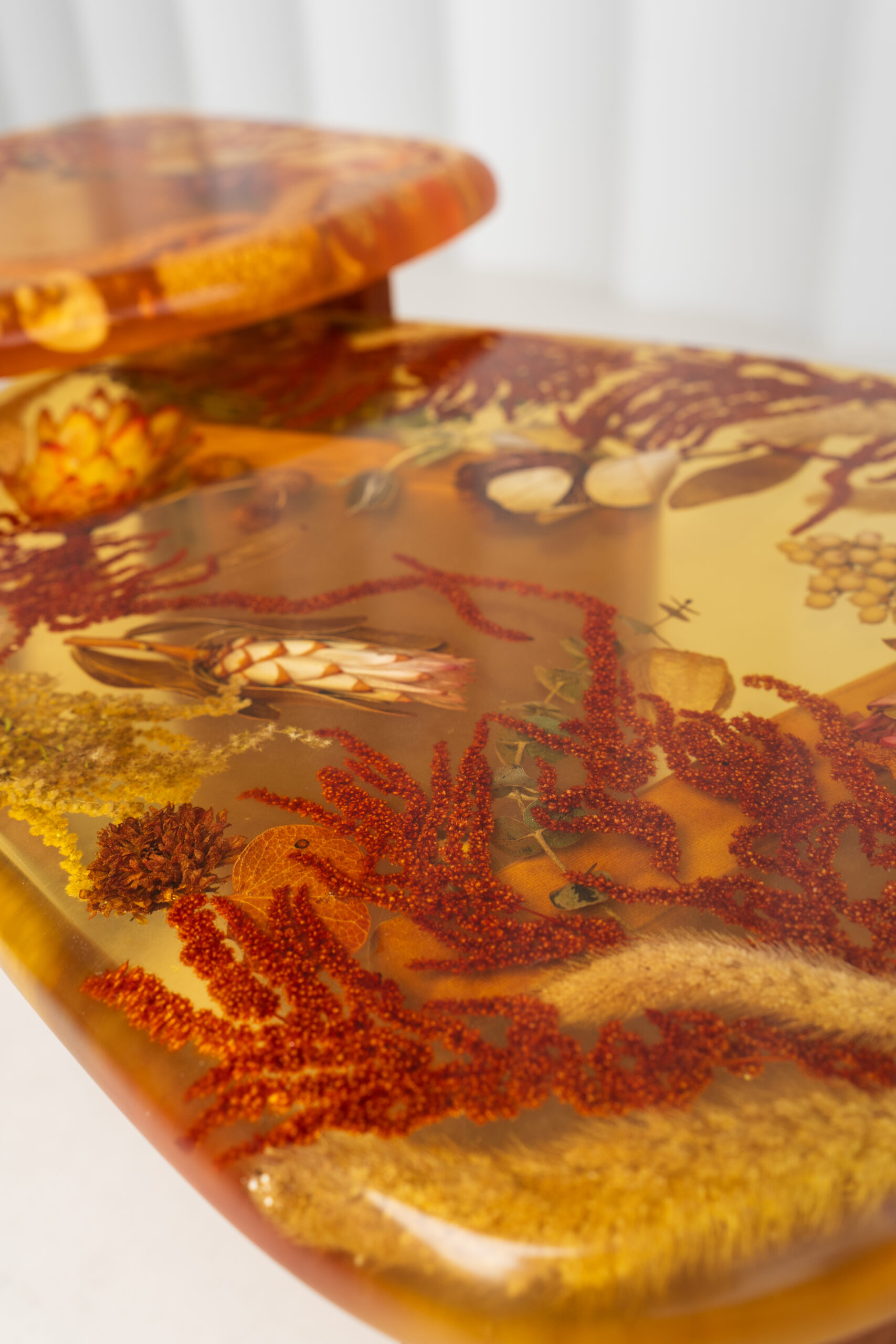 Amber Resin Nesting Coffee Tables with Botanicals and Upholstered legs - Image 4