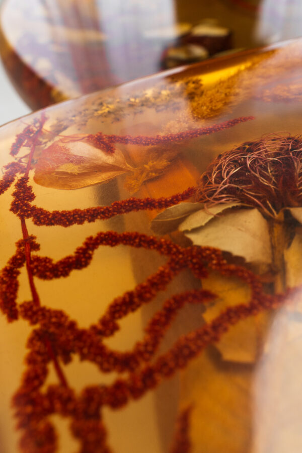 Amber Resin Nesting Coffee Tables with Botanicals and Upholstered legs