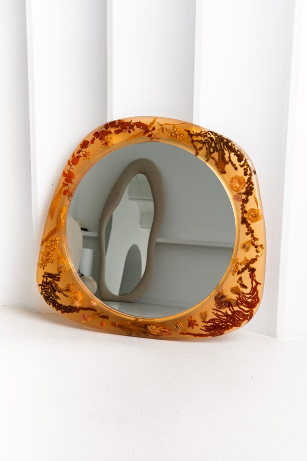 Circle Large Amber Wall Mirror with Organic Botanical Frame