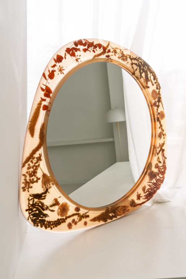 Circle Large Amber Wall Mirror with Organic Botanical Frame