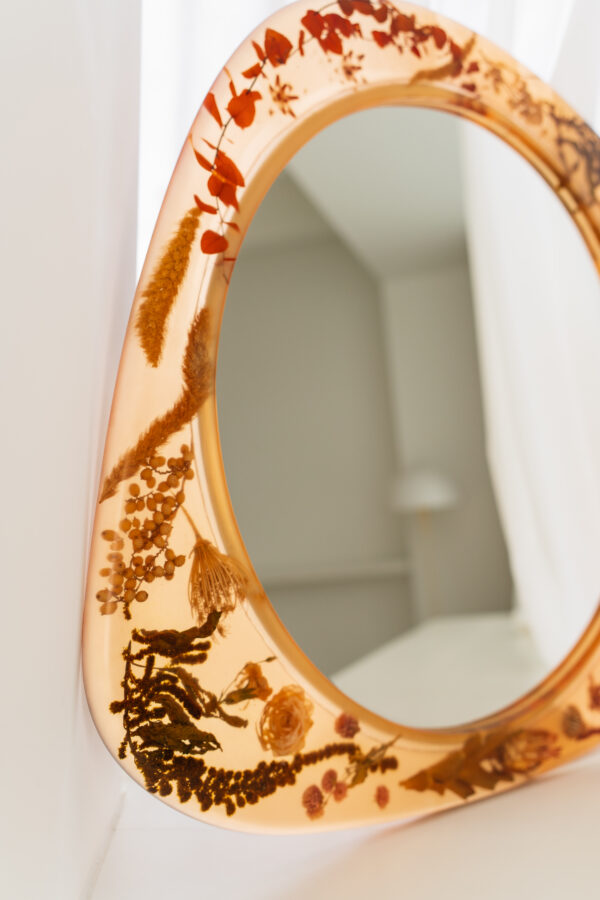 Circle Large Amber Wall Mirror with Organic Botanical Frame