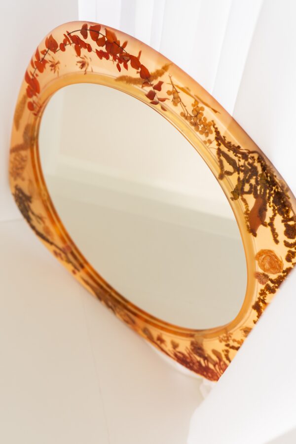 Circle Large Amber Wall Mirror with Organic Botanical Frame