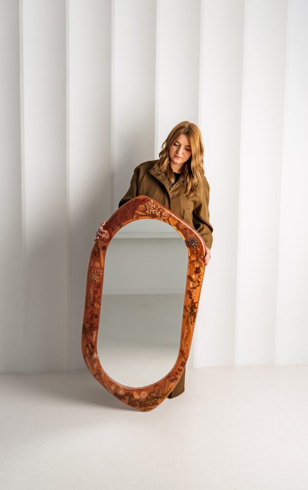Large Oval Amber Wall Mirror with Organic Botanical Frame