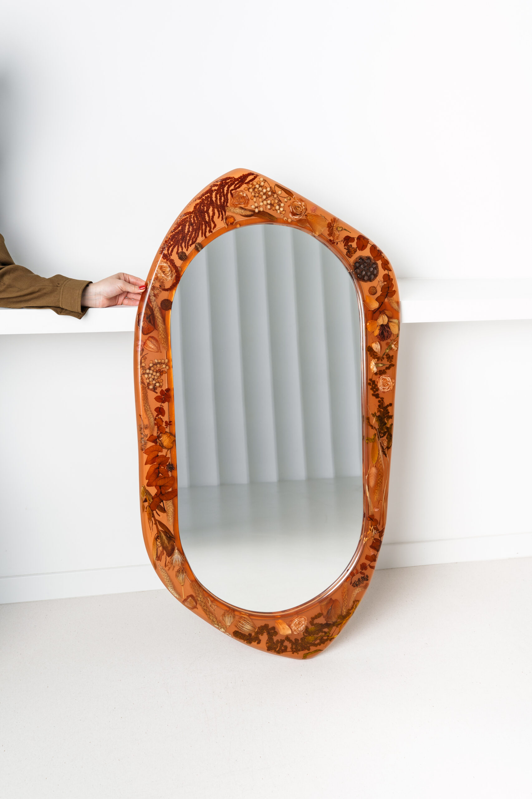 Large Oval Amber Wall Mirror with Organic Botanical Frame - Image 1