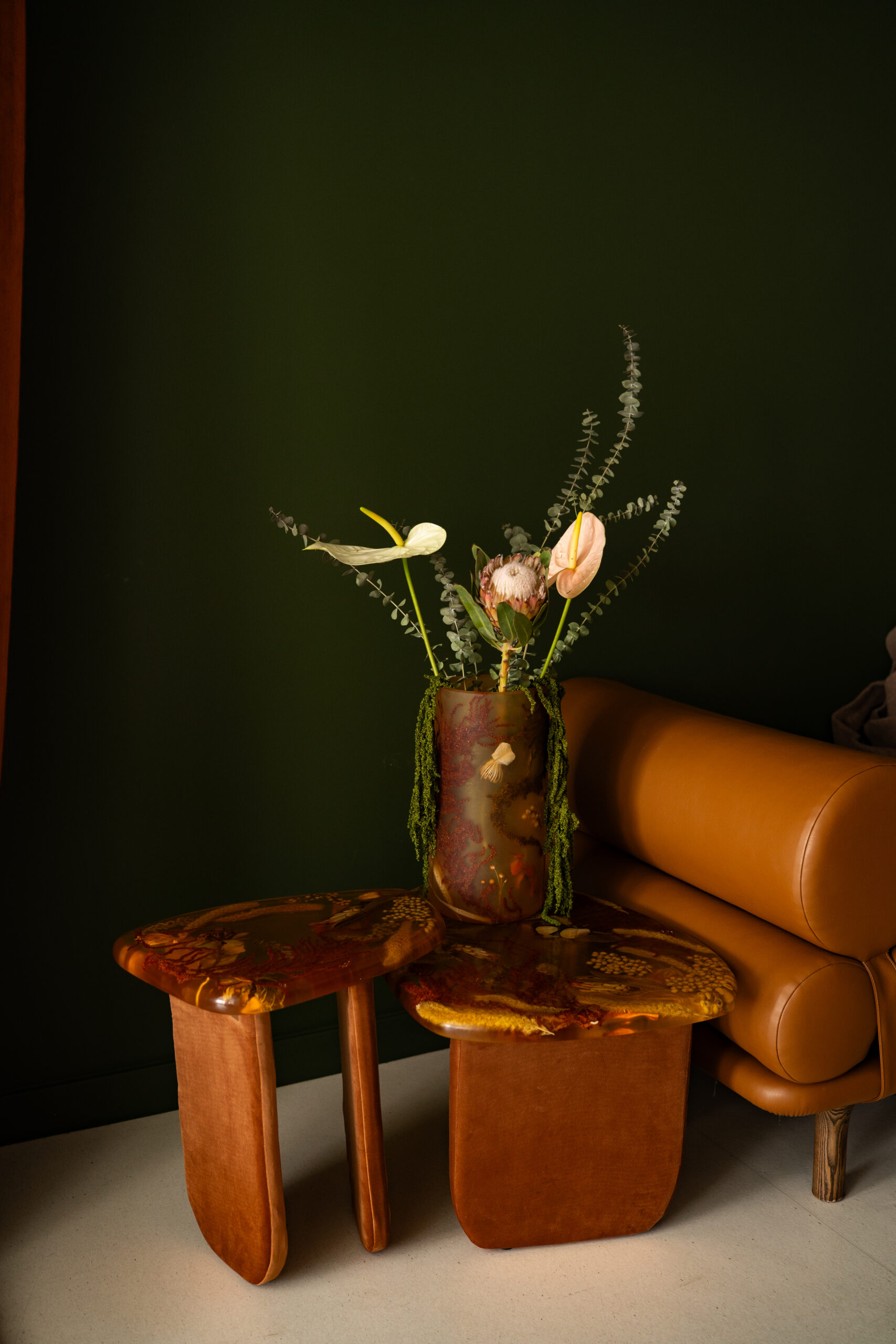 Amber Resin Nesting Coffee Tables with Botanicals and Upholstered legs - Image 7